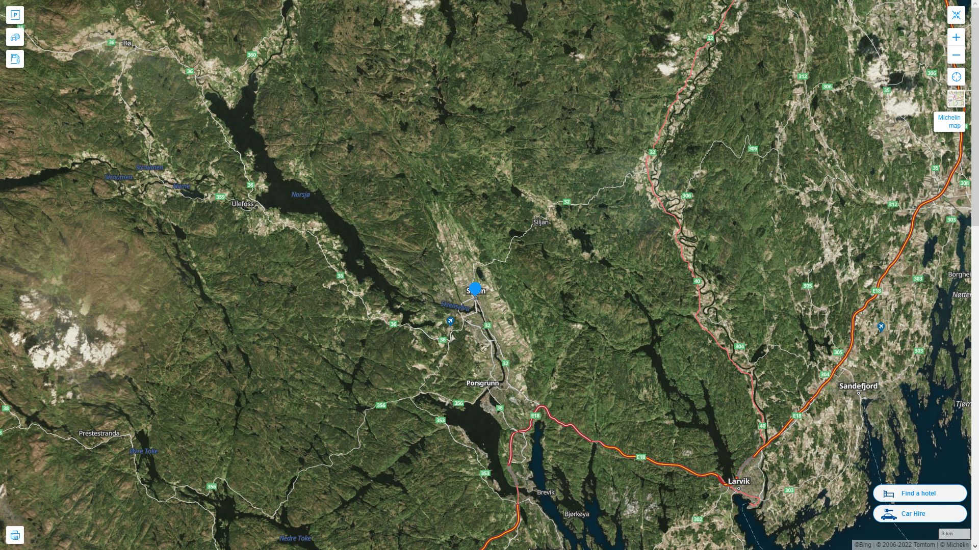 Skien Highway and Road Map with Satellite View